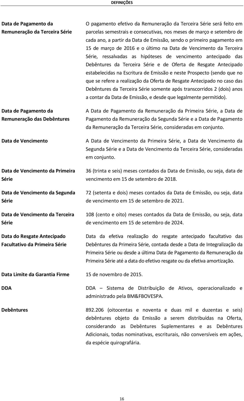 consecutivas, nos meses de março e setembro de cada ano, a partir da Data de Emissão, sendo o primeiro pagamento em 15 de março de 2016 e o último na Data de Vencimento da Terceira Série, ressalvadas