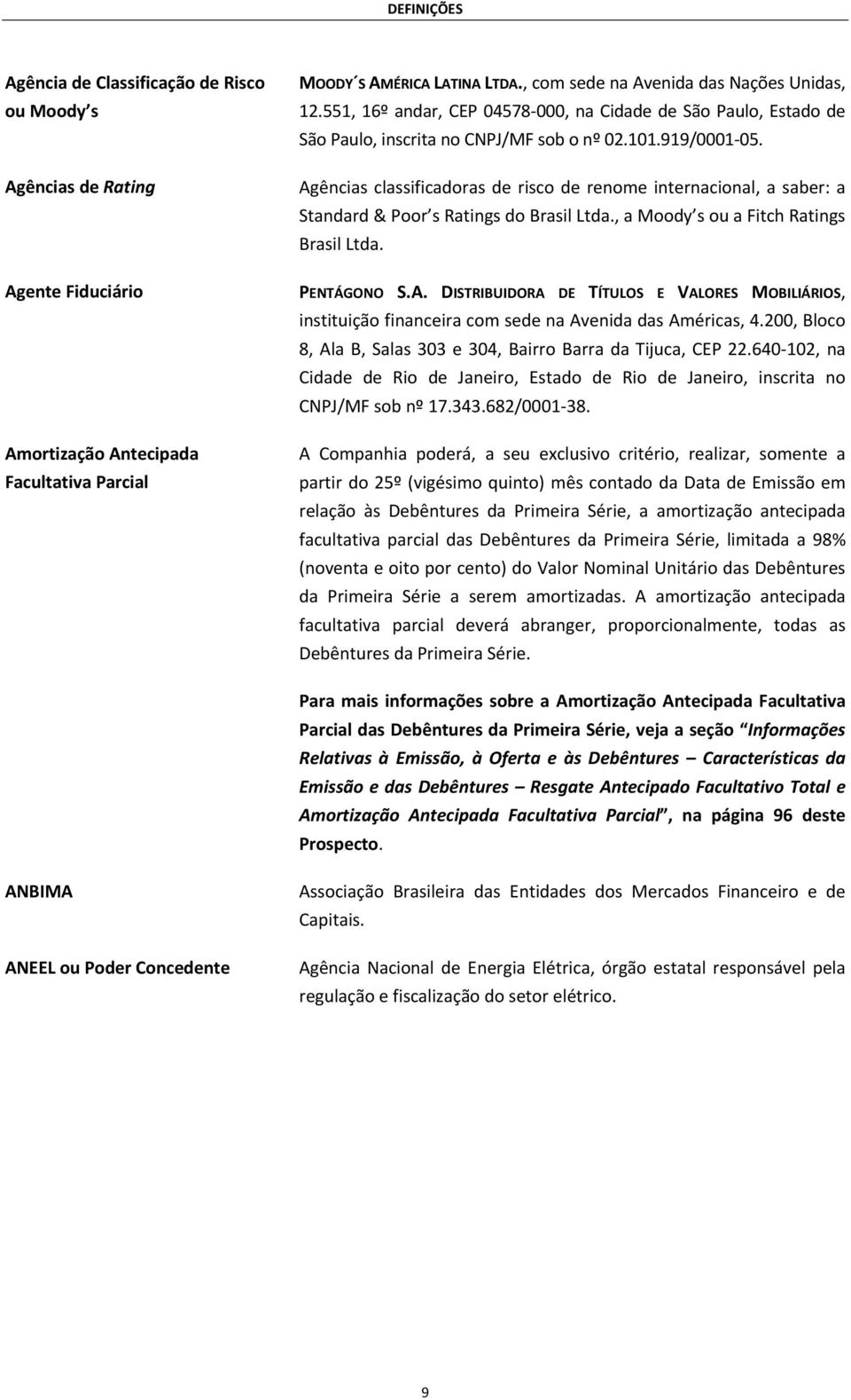 Agências classificadoras de risco de renome internacional, a saber: a Standard & Poor s Ratings do Brasil Ltda., a Moody s ou a Fitch Ratings Brasil Ltda. PENTÁGONO S.A. DISTRIBUIDORA DE TÍTULOS E VALORES MOBILIÁRIOS, instituição financeira com sede na Avenida das Américas, 4.