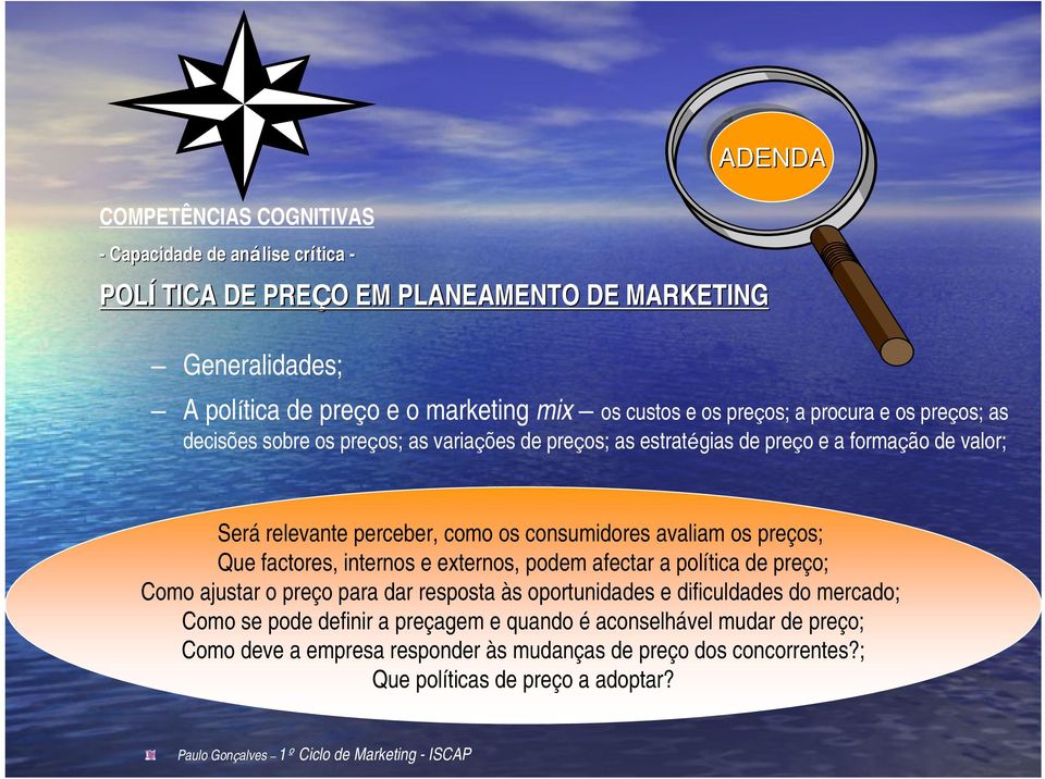 preços; Que factores, internos e externos, podem afectar a política de preço; Como ajustar o preço para dar resposta às oportunidades e dificuldades do mercado; Como se pode definir a