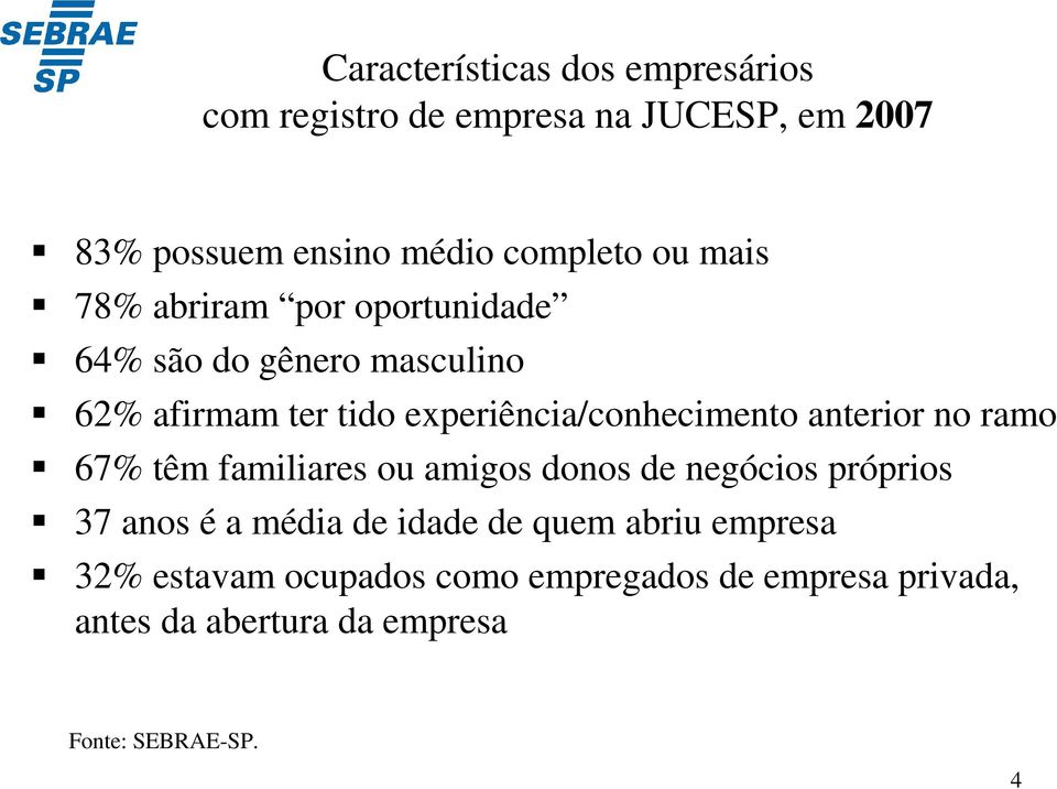 experiência/conhecimento anterior no ramo 67% têm familiares ou amigos donos de negócios próprios 37 anos é