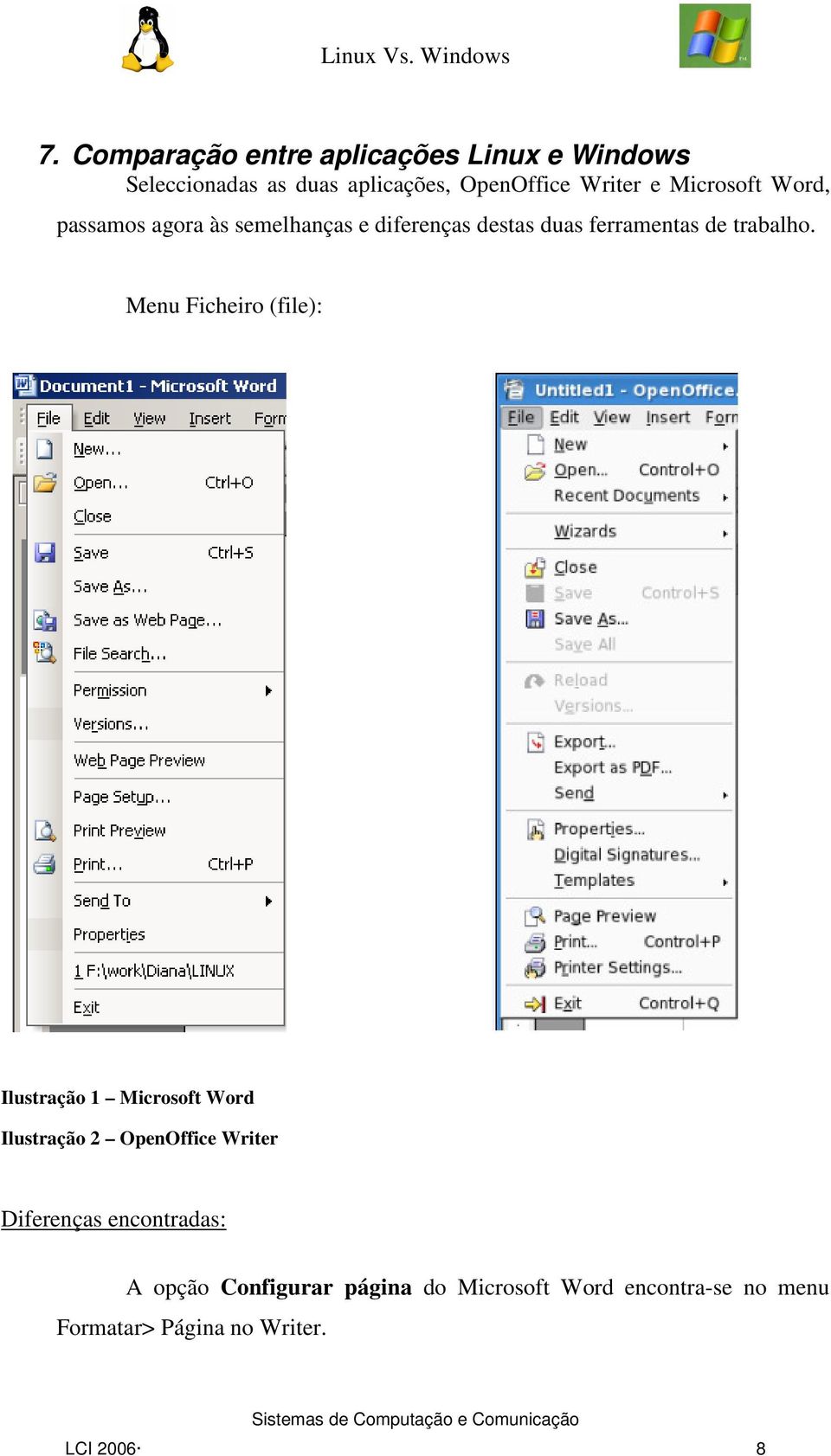 Menu Ficheiro (file): Ilustração 1 Microsoft Word Ilustração 2 OpenOffice Writer Diferenças