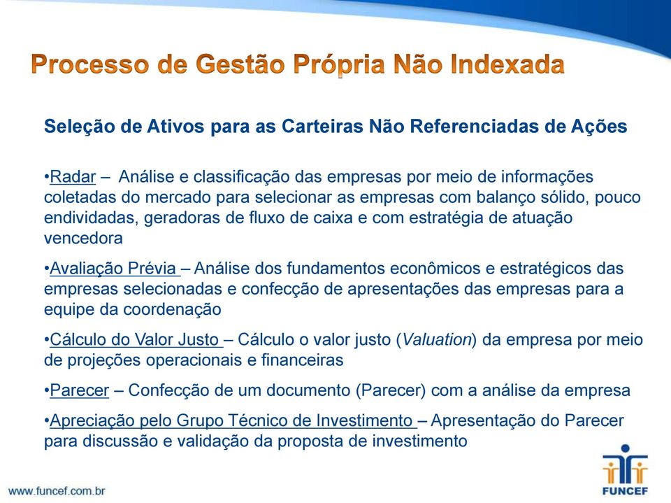 selecionadas e confecção de apresentações das empresas para a equipe da coordenação Cálculo do Valor Justo Cálculo o valor justo (Valuation) da empresa por meio de projeções operacionais e