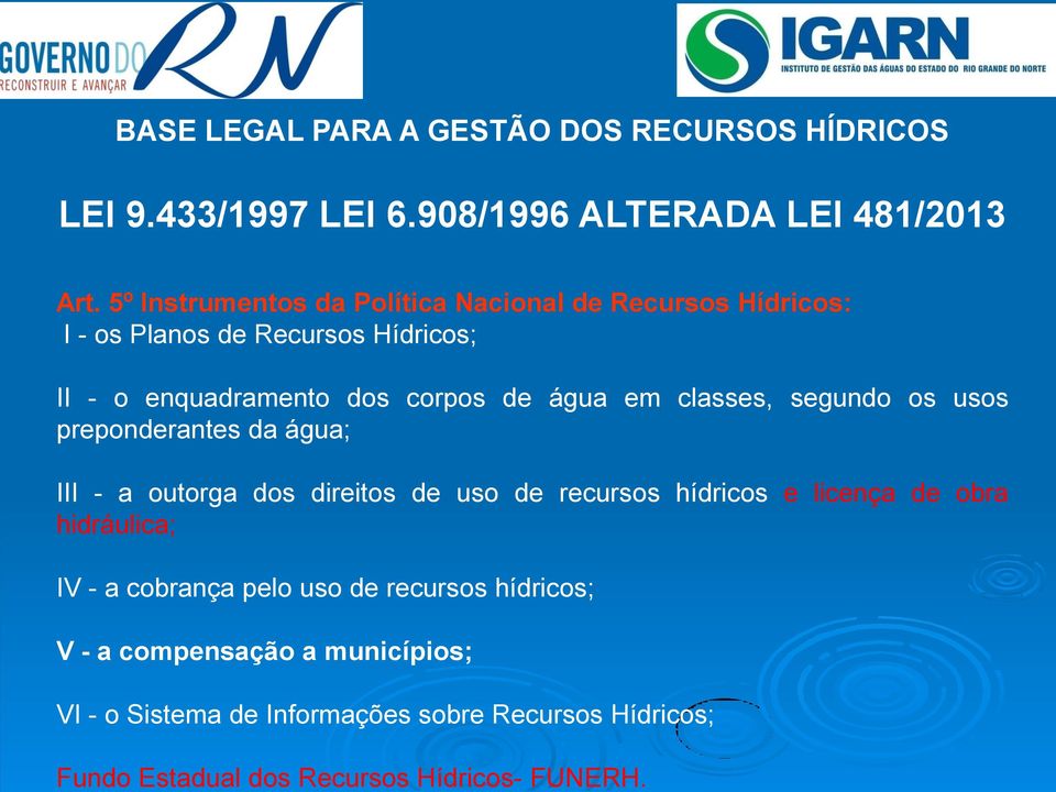 5º Instrumentos da Política Nacional de Recursos Hídricos: I - os Planos de Recursos Hídricos; II - o enquadramento dos corpos de água em