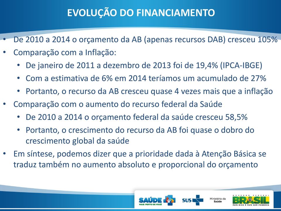 Comparação com o aumento do recurso federal da Saúde De 2010 a 2014 o orçamento federal da saúde cresceu 58,5% Portanto, o crescimento do recurso da AB foi