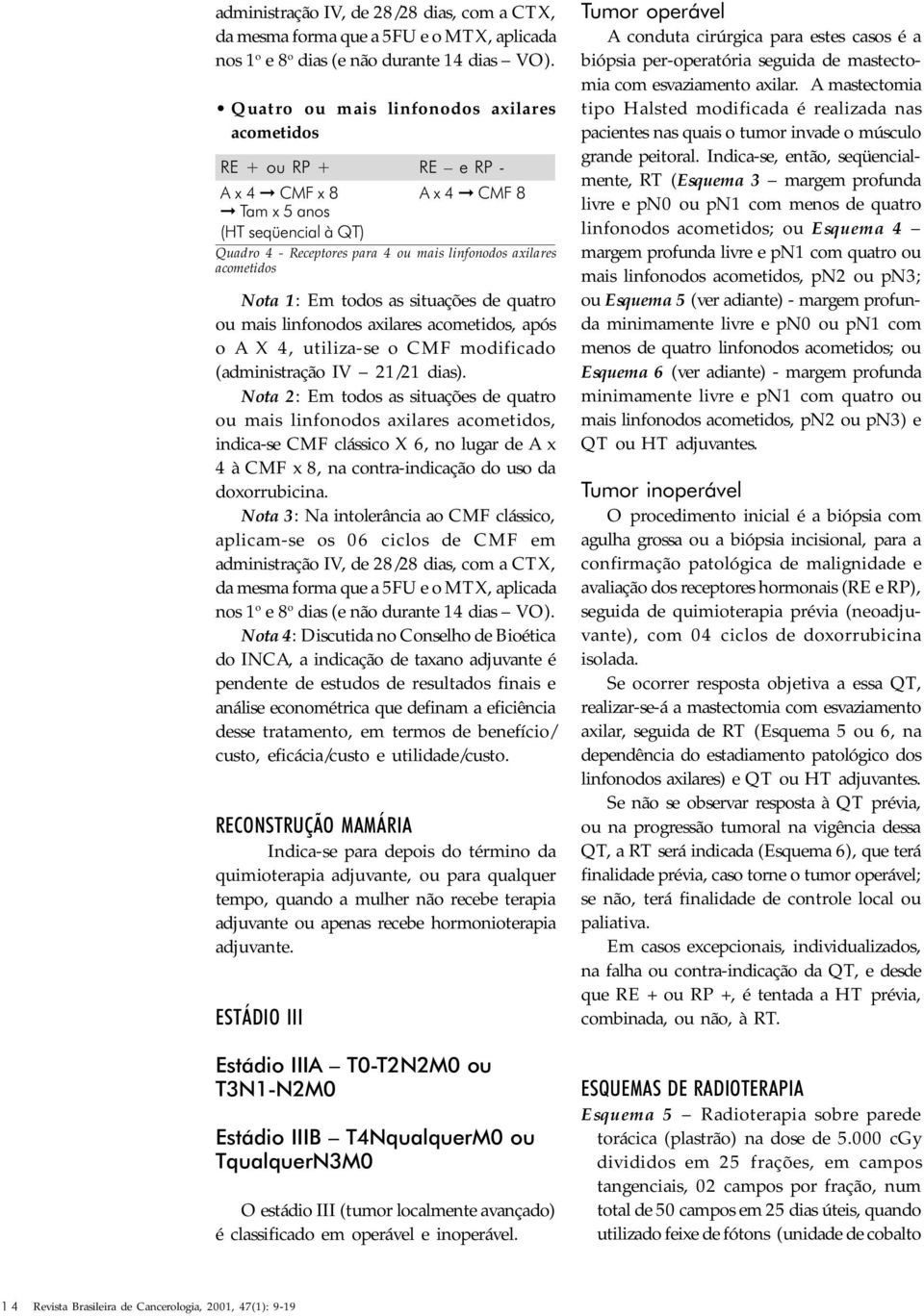 Nota 1: Em todos as situações de quatro ou mais linfonodos axilares acometidos, após o A X 4, utiliza-se o CMF modificado (administração IV 21/21 dias).