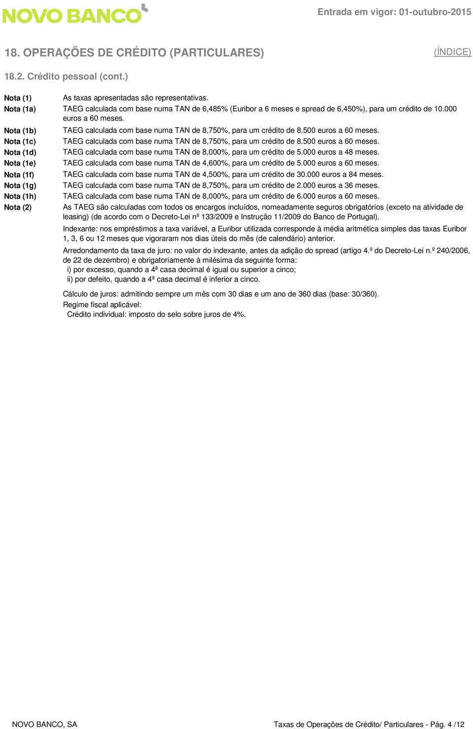 Nota (1b) Nota (1c) Nota (1d) Nota (1e) Nota (1f) Nota (1g) Nota (1h) TAEG calculada com base numa TAN de 8,750%, para um crédito de 8.500 euros a 60 meses.