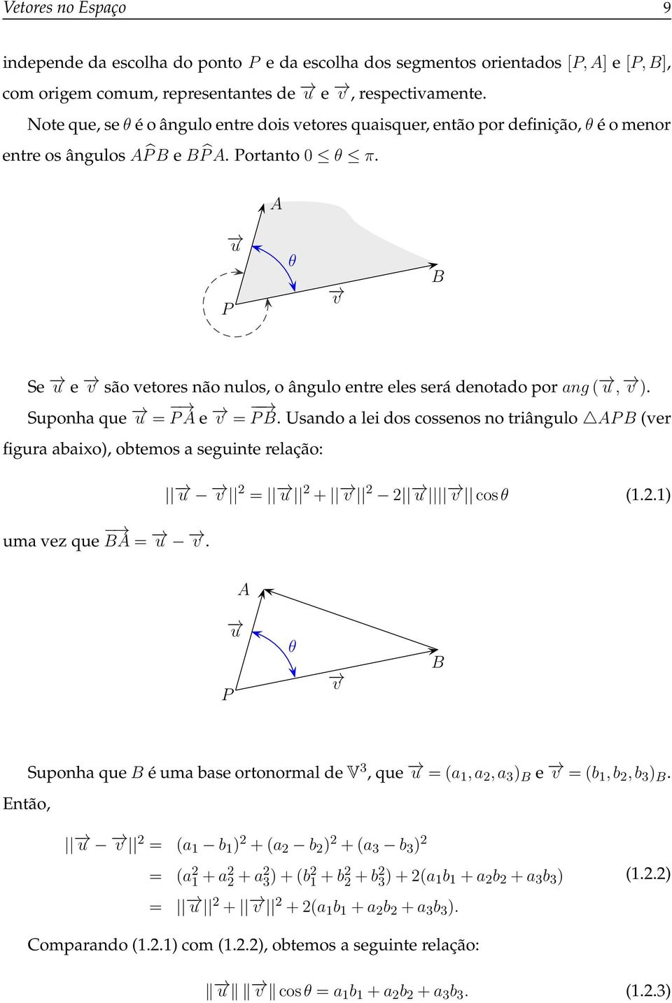 A P u θ v B Se u e v são vetores não nulos, o ângulo entre eles será denotado por ang( u, v ). Suponha que u = PA e v = PB.