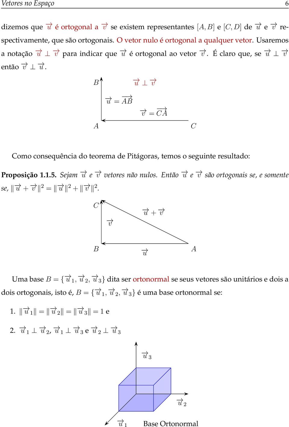 B u v A u = AB v = CA C Como consequência do teorema de Pitágoras, temos o seguinte resultado: Proposição 1.1.5. Sejam u e v vetores não nulos.