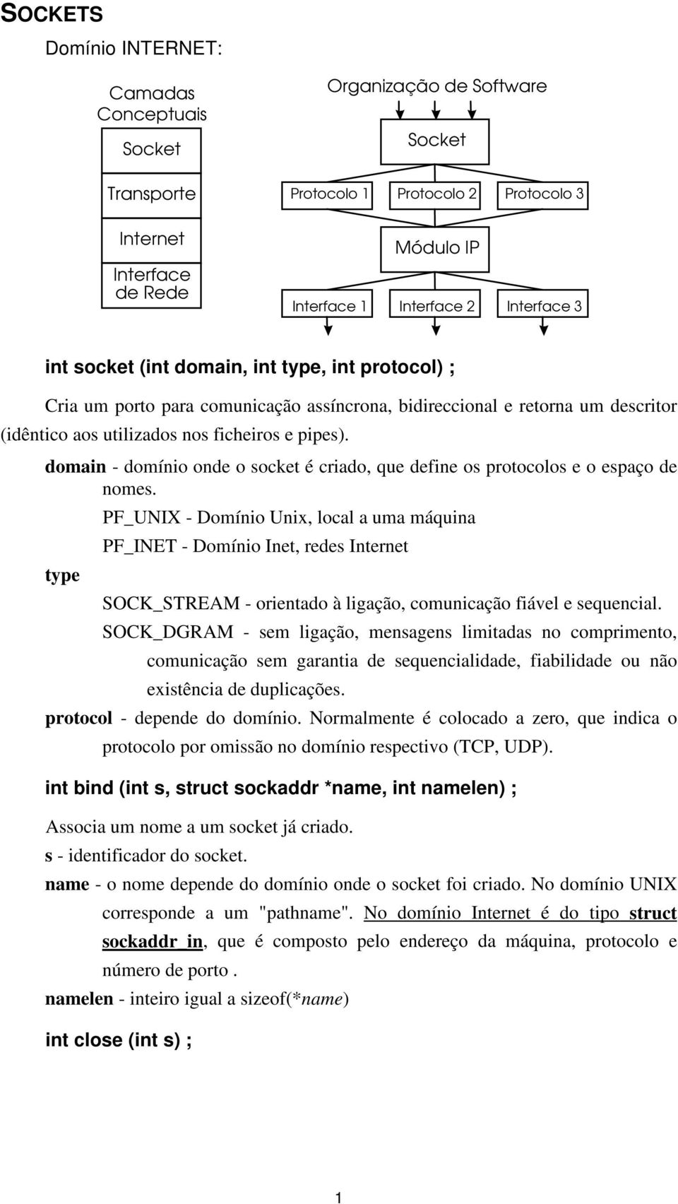 domain - domínio onde o socket é criado, que define os protocolos e o espaço de nomes.