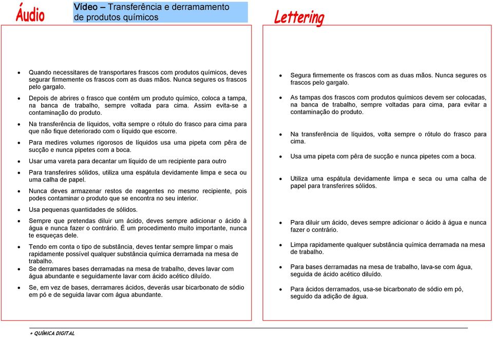 Assim evita se a contaminação do produto. Na transferência de líquidos, volta sempre o rótulo do frasco para cima para que não fique deteriorado com o líquido que escorre.