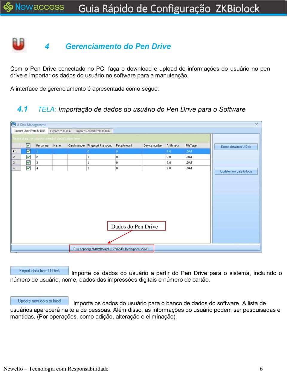 1 TELA: Importação de dados do usuário do Pen Drive para o Software Dados do Pen Drive Importe os dados do usuário a partir do Pen Drive para o sistema, incluindo o número de usuário, nome,