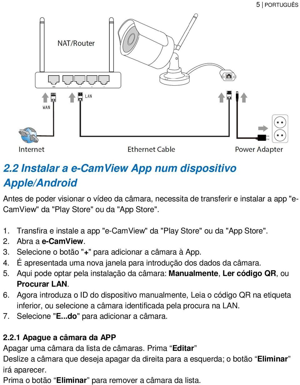 Transfira e instale a app "e-camview" da "Play Store" ou da "App Store". 2. Abra a e-camview. 3. Selecione o botão "+" para adicionar a câmara à App. 4.