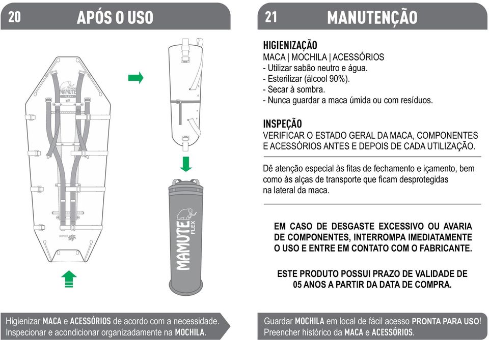 Dê atenção especial às fitas de fechamento e içamento, bem como às alças de transporte que ficam desprotegidas na lateral da maca.