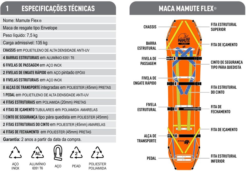 em AÇO INOX 8 ALÇAS DE TRANSPORTE integradas em POLIESTER (45mm) PRETAS 1 PEDAL em POLIETILENO DE ALTA DENSIDADE ANTI-UV FIVELA DE PASSAGEM FIVELA DE ENGATE RÁPIDO CINTO DE SEGURANÇA TIPO PÁRA