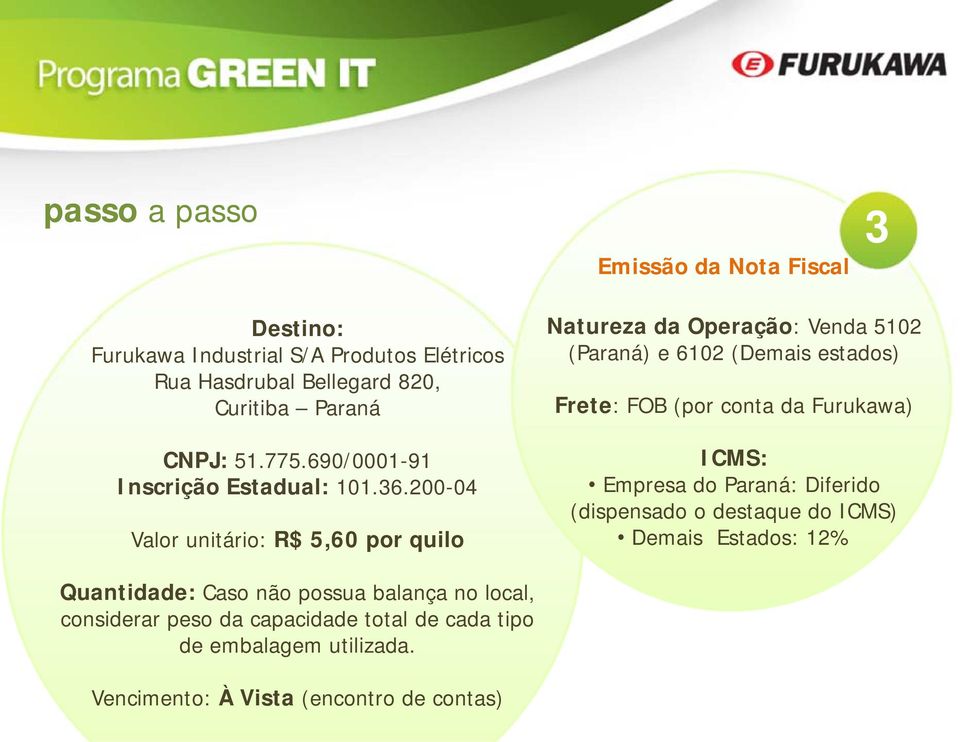 200-04 ICMS: Empresa do Paraná: Diferido (dispensado o destaque do ICMS) D i Etd 12% Valor unitário: R$ 5,60 por quilo Demais Estados: 12%