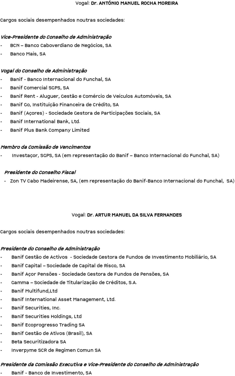 Automóveis, SA - Banif Go, Instituição Financeira de Crédito, SA - Banif (Açores) - Sociedade Gestora de Participações Sociais, SA - Banif International Bank, Ltd.