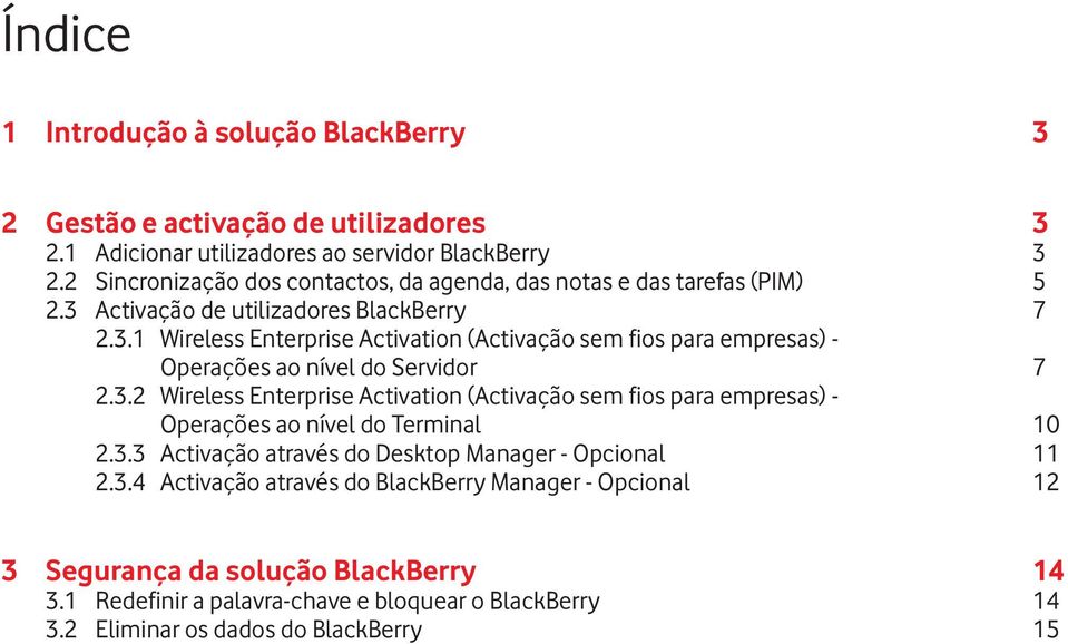 Activação de utilizadores BlackBerry 7 2.3.1 Wireless Enterprise Activation (Activação sem fios para empresas) - Operações ao nível do Servidor 7 2.3.2 Wireless Enterprise Activation (Activação sem fios para empresas) - Operações ao nível do Terminal 10 2.