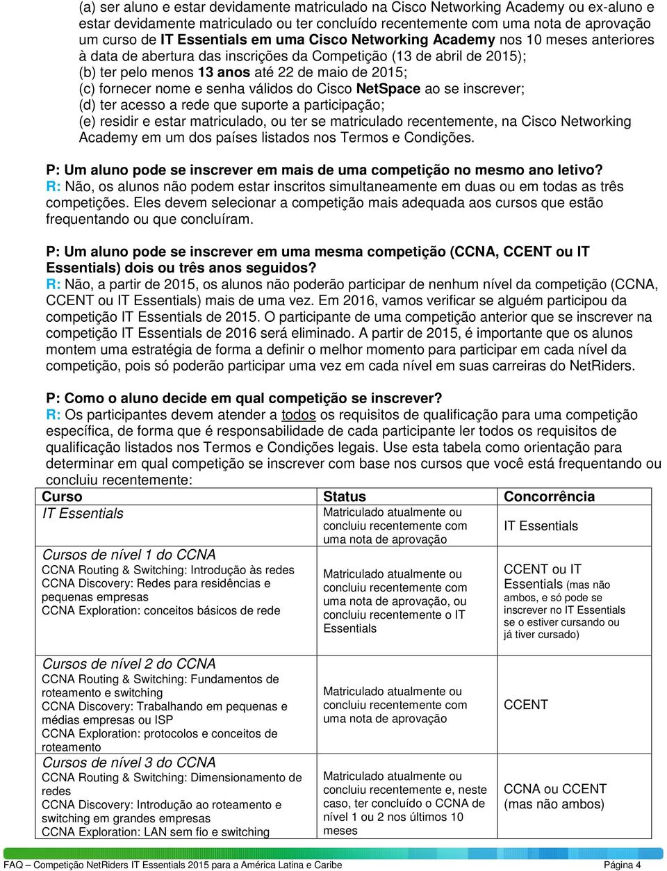 senha válidos do Cisco NetSpace ao se inscrever; (d) ter acesso a rede que suporte a participação; (e) residir e estar matriculado, ou ter se matriculado recentemente, na Cisco Networking Academy em