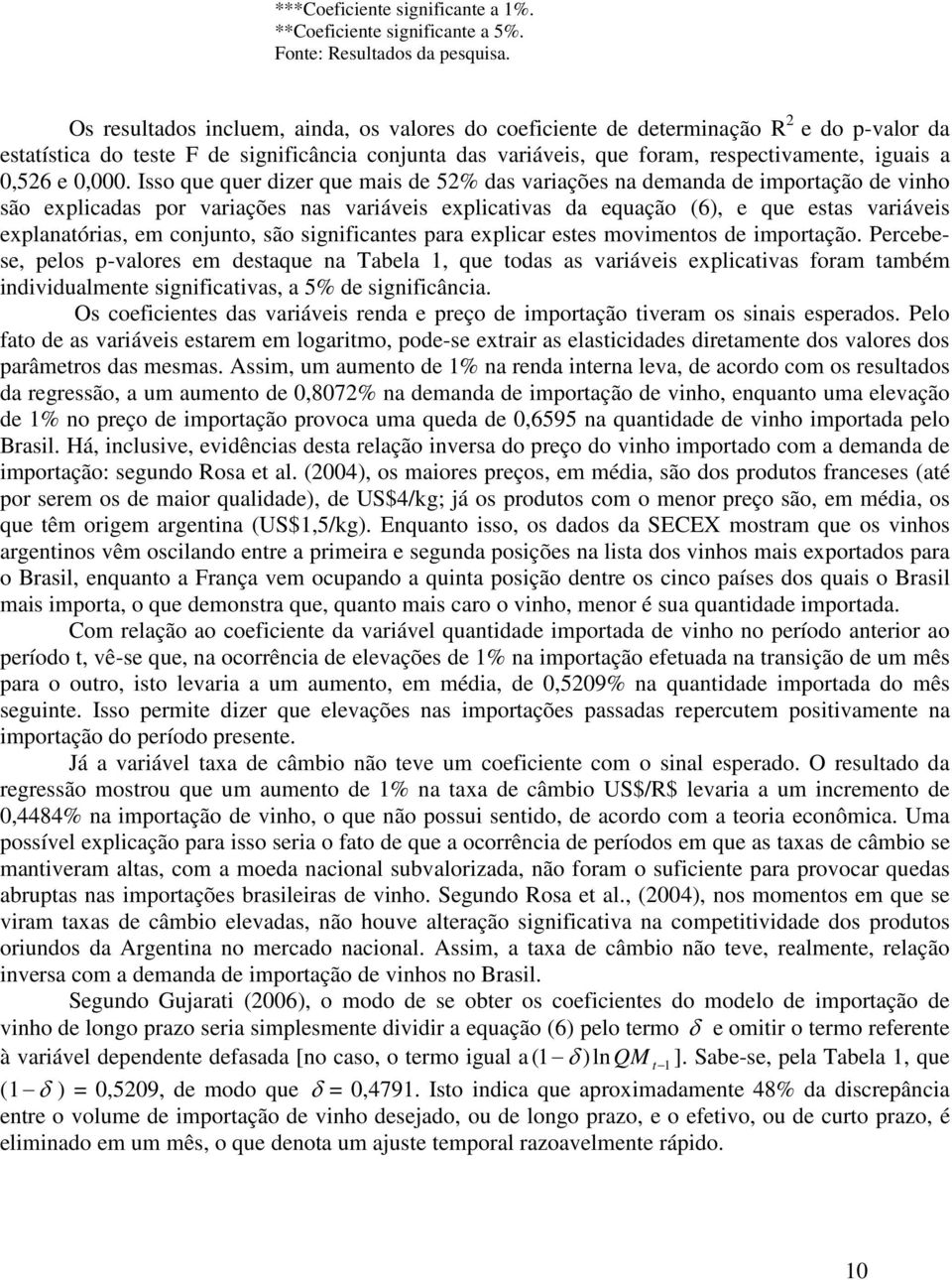 Isso que quer dizer que mais de 52% das variações na demanda de imporação de vinho são explicadas por variações nas variáveis explicaivas da equação (6), e que esas variáveis explanaórias, em