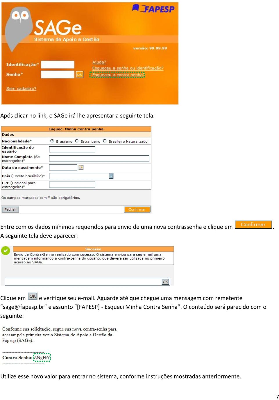 Aguarde até que chegue uma mensagem com remetente sage@fapesp.br e assunto [FAPESP] - Esqueci Minha Contra Senha.