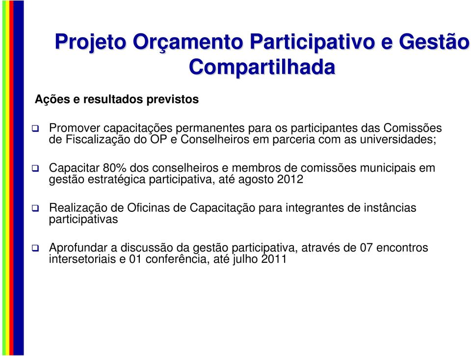 membros de comissões municipais em gestão estratégica participativa, até agosto 2012 Realização de Oficinas de Capacitação para