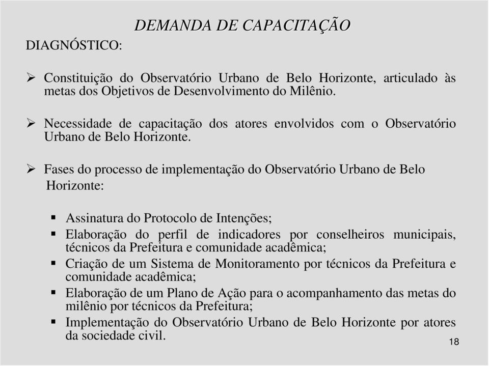 Fases do processo de implementação do Observatório Urbano de Belo Horizonte: Assinatura do Protocolo de Intenções; Elaboração do perfil de indicadores por conselheiros municipais, técnicos