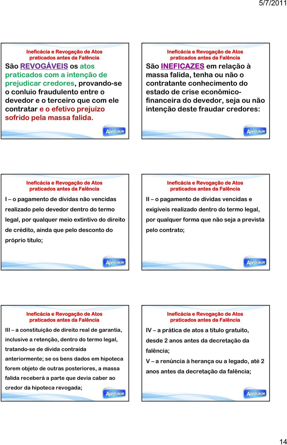 Ineficácia e Revogação de Atos praticados antes da Falência São INEFICAZES em relação à massa falida, tenha ou não o contratante conhecimento do estado de crise econômicofinanceira do devedor, seja