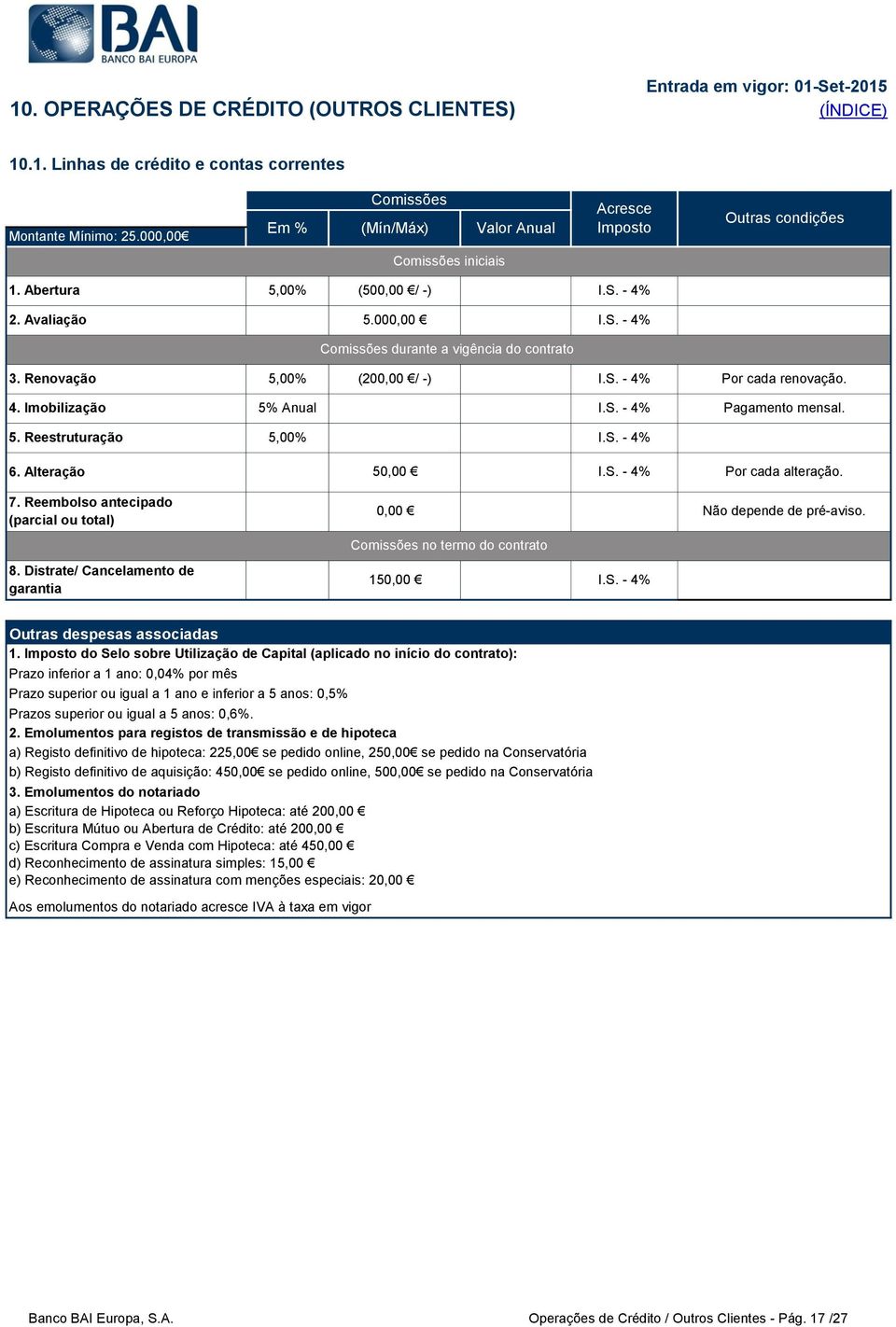 S. - 4% 6. Alteração 50,00 I.S. - 4% Por cada alteração. 7. Reembolso antecipado (parcial ou total) 0,00 Não depende de pré-aviso. no termo do contrato 8. istrate/ Cancelamento de garantia 150,00 I.S. - 4% 1.