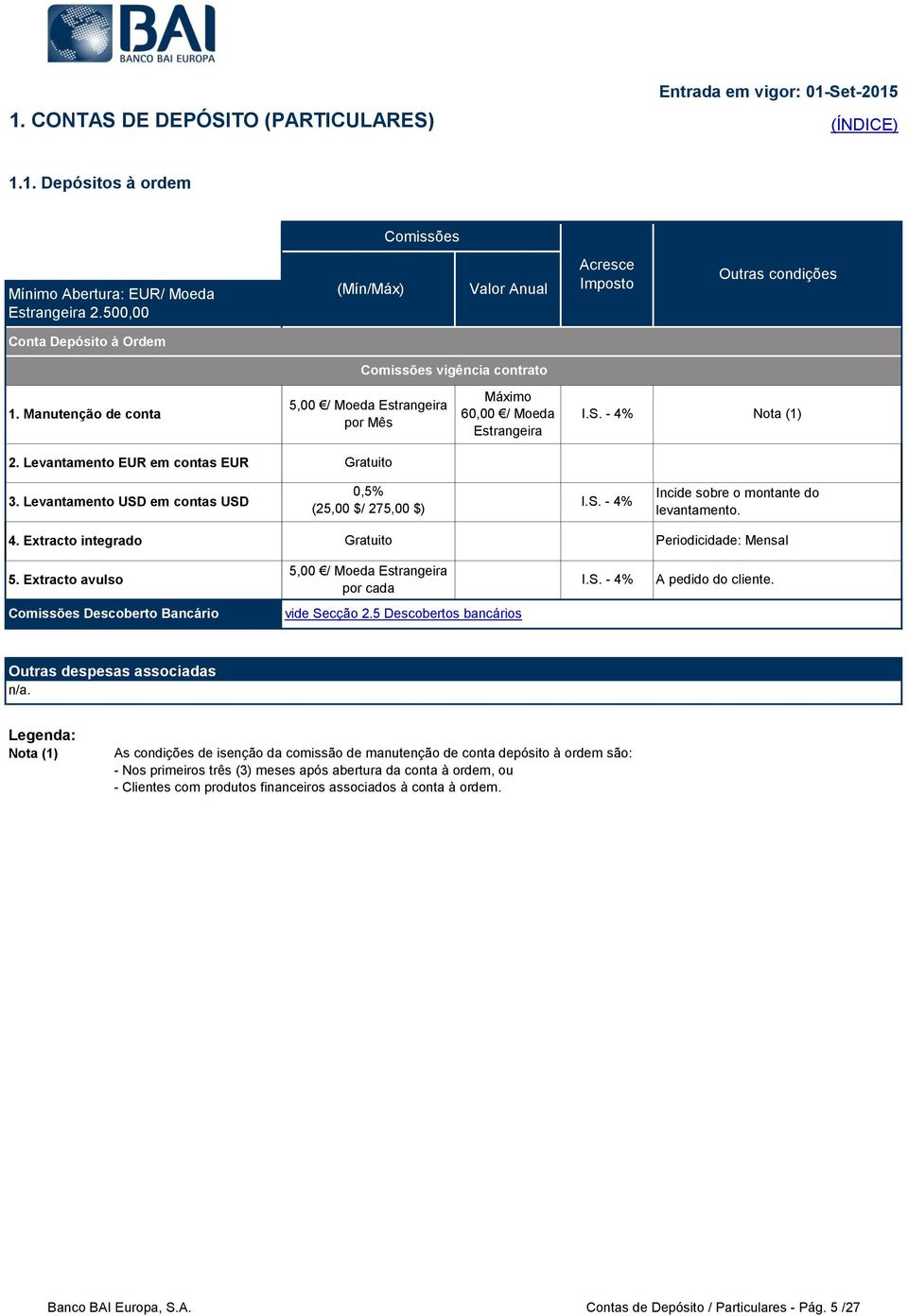 Levantamento EUR em contas EUR Gratuito 3. Levantamento US em contas US 0,5% (25,00 $/ 275,00 $) I.S. - 4% Incide sobre o montante do levantamento. 4. Extracto integrado Gratuito Periodicidade: Mensal 5.