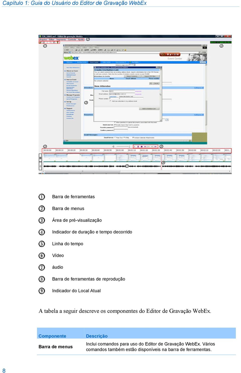 Local Atual A tabela a seguir descreve os componentes do Editor de Gravação WebEx.