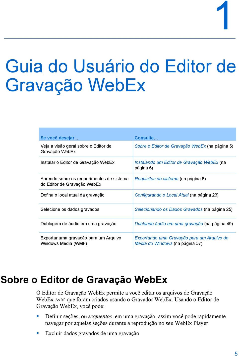 WebEx (na página 5) Instalando um Editor de Gravação WebEx (na página 6) Requisitos do sistema (na página 6) Defina o local atual da gravação Configurando o Local Atual (na página 23) Selecione os