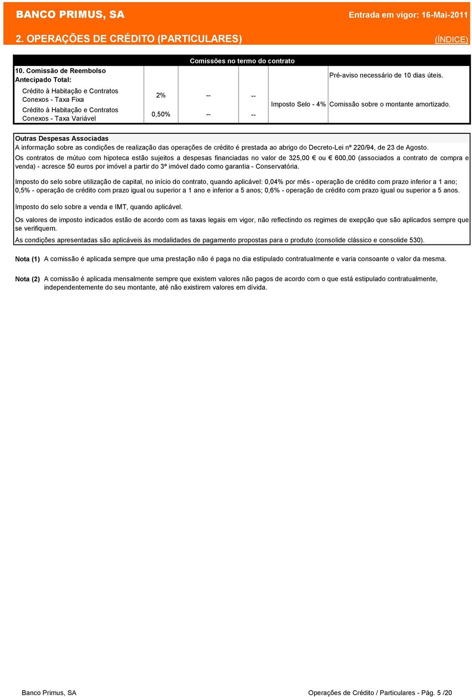 de 10 dias úteis. 2% Comissão sobre o montante amortizado.