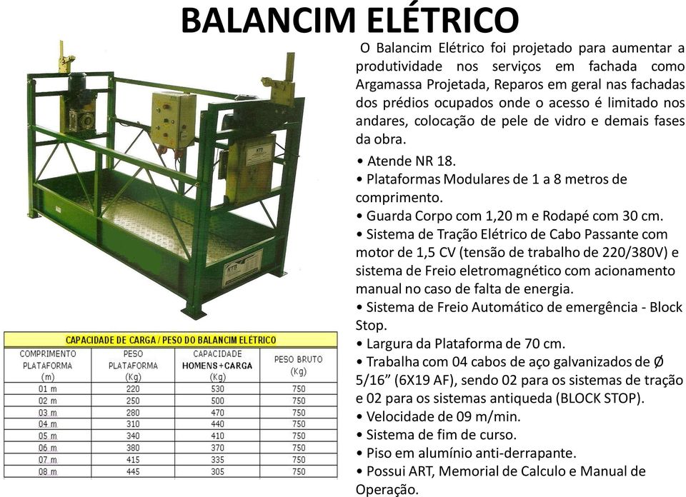 Sistema de Tração Elétrico de Cabo Passante com motor de 1,5 CV (tensão de trabalho de 220/380V) e sistema de Freio eletromagnético com acionamento manual no caso de falta de energia.
