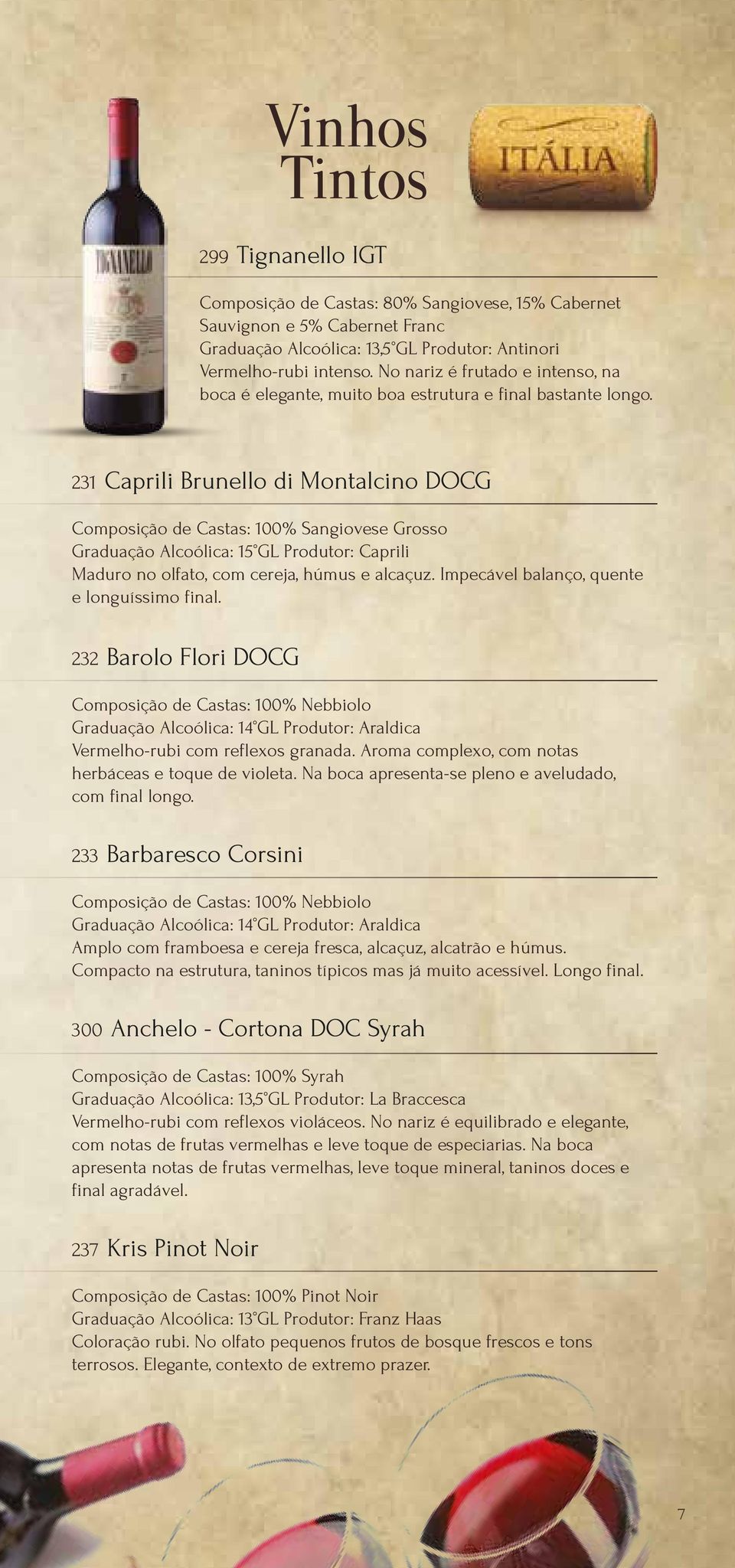 231 Caprili Brunello di Montalcino DOCG Composição de Castas: 100% Sangiovese Grosso Graduação Alcoólica: 15 GL Produtor: Caprili Maduro no olfato, com cereja, húmus e alcaçuz.