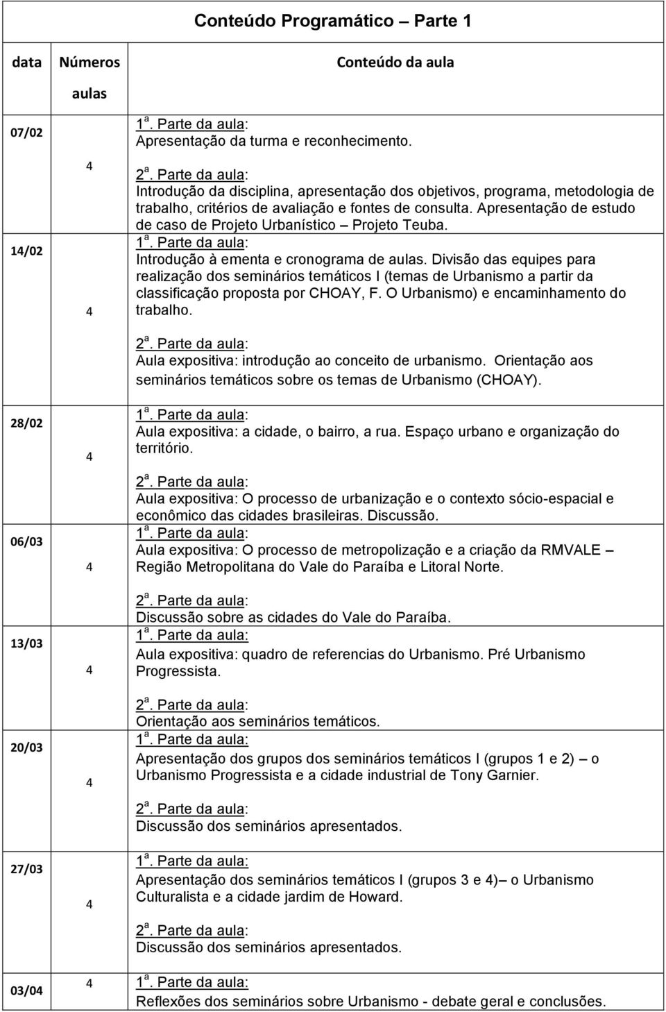 Apresentação de estudo de caso de Projeto Urbanístico Projeto Teuba. Introdução à ementa e cronograma de aulas.