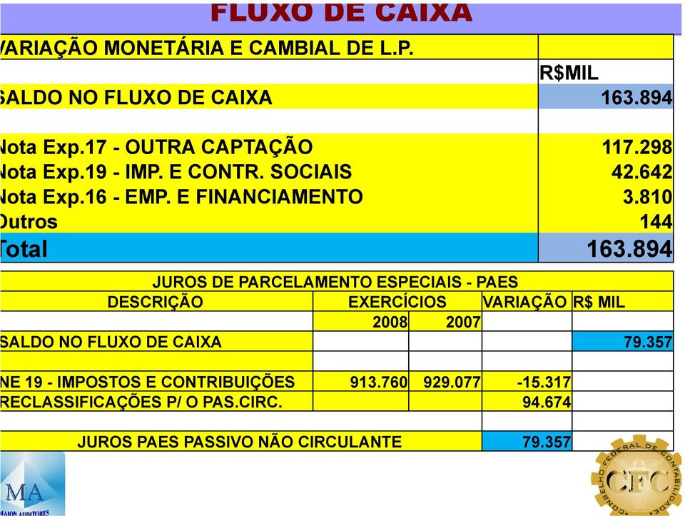 894 JUROS DE PARCELAMENTO ESPECIAIS - PAES DESCRIÇÃO EXERCÍCIOS VARIAÇÃO R$ MIL 2008 2007 ALDO NO FLUXO DE CAIXA 79.