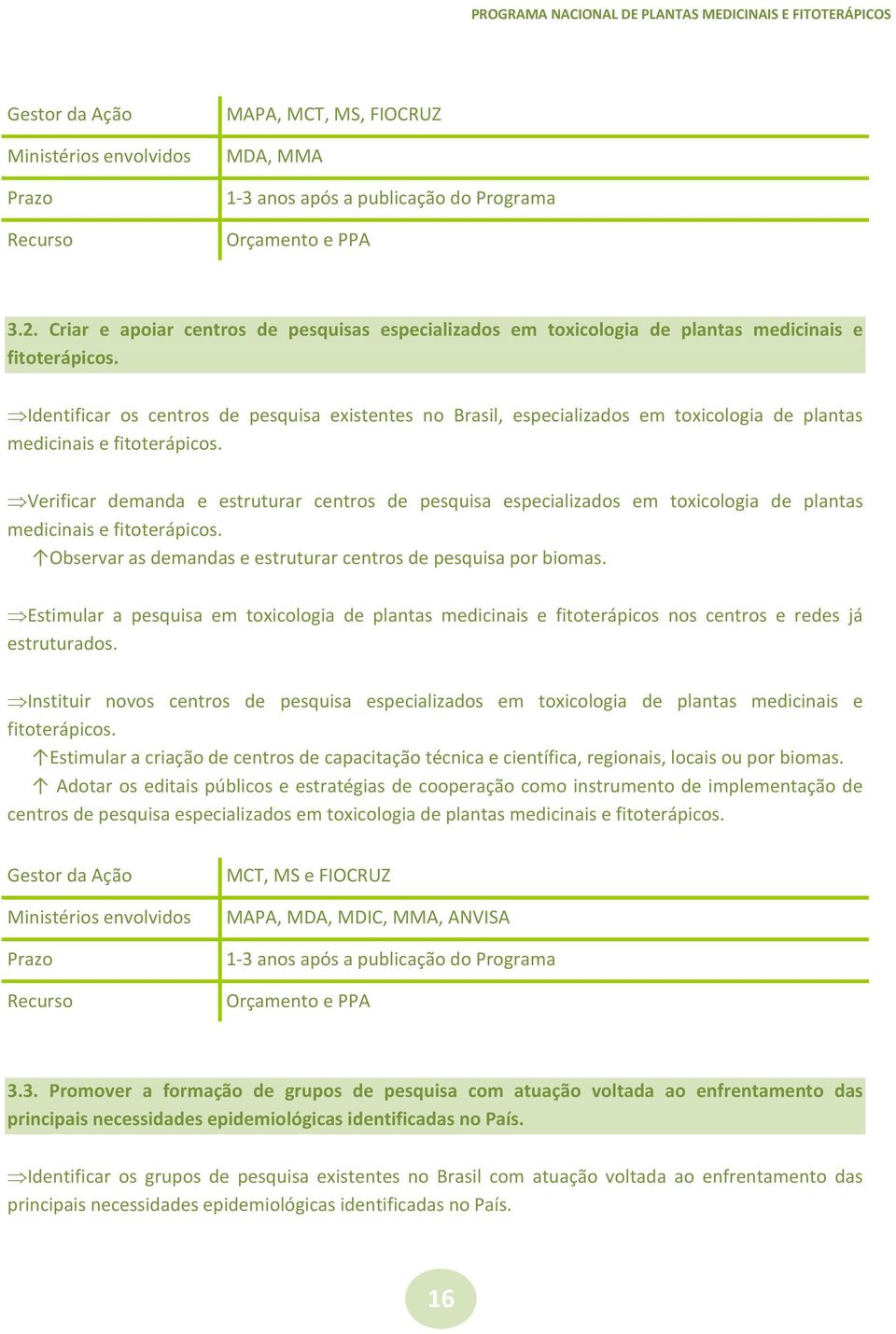 Verificar demanda e estruturar centros de pesquisa especializados em toxicologia de plantas medicinais e fitoterápicos. Observar as demandas e estruturar centros de pesquisa por biomas.