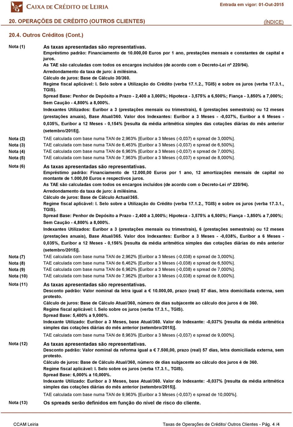 .1.2., TGIS) e sobre os juros (verba 17.3.1., Spread Base: Penhor de Depósito a Prazo - 2,400 a 3,000%; Hipoteca - 3,575% a 6,500%; Fiança - 3,850% a 7,000%; Sem Caução - 4,800% a 8,000%.