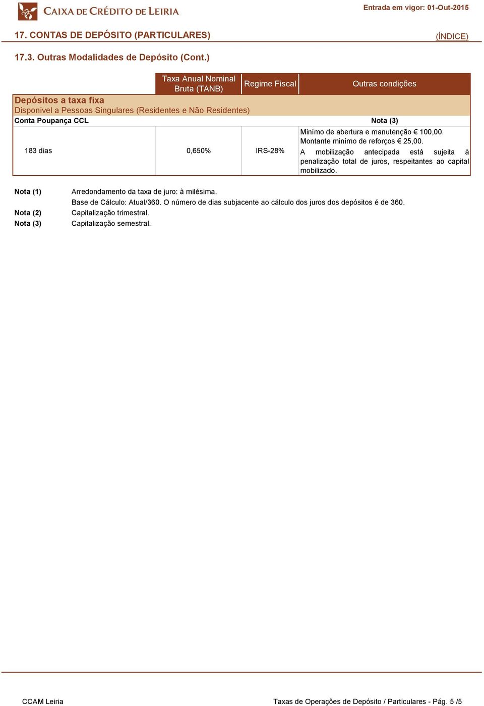 Minímo de abertura e manutenção 100,00. Montante minímo de reforços 25,00.