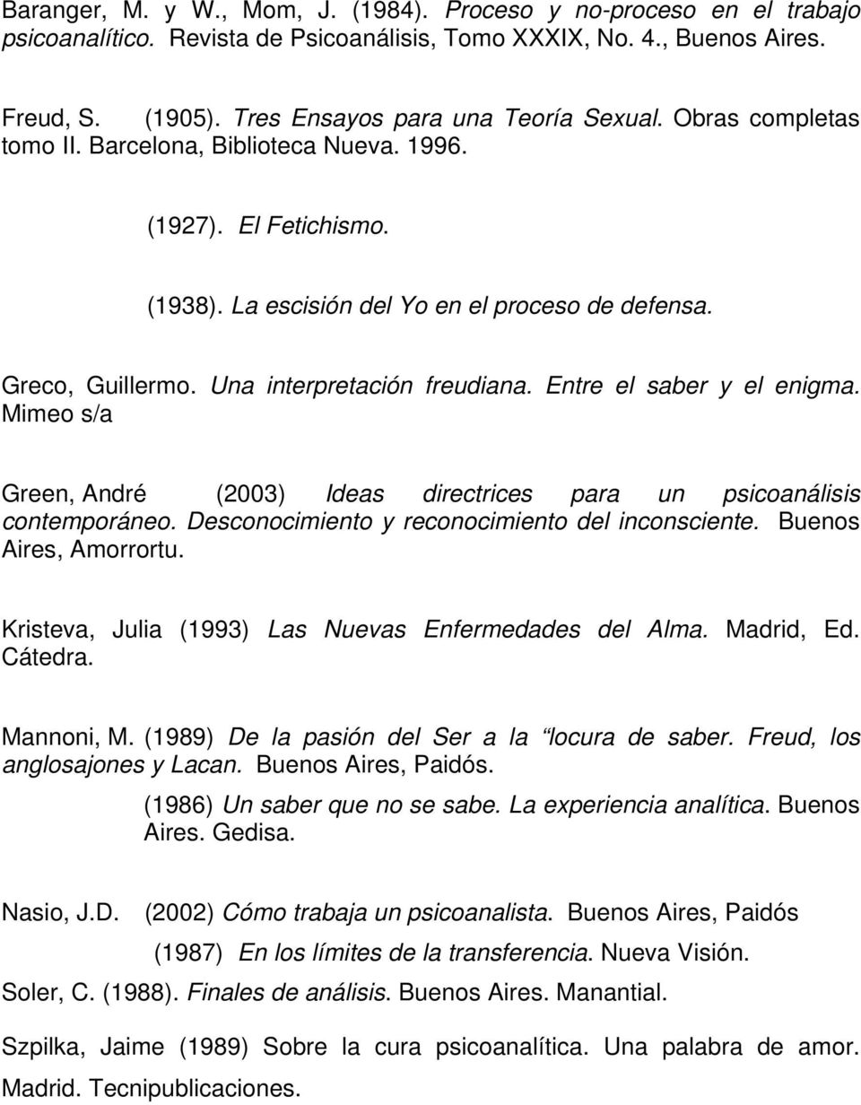 Entre el saber y el enigma. Mimeo s/a Green, André (2003) Ideas directrices para un psicoanálisis contemporáneo. Desconocimiento y reconocimiento del inconsciente. Buenos Aires, Amorrortu.
