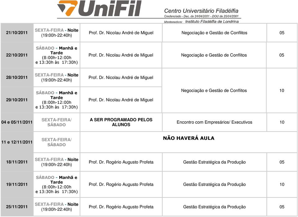 Nicolau André de Miguel Negociação e Gestão de Conflitos 10 04 e /11/2011 A SER PROGRAMADO PELOS ALUNOS Encontro com Empresários/ Executivos 10 11 e