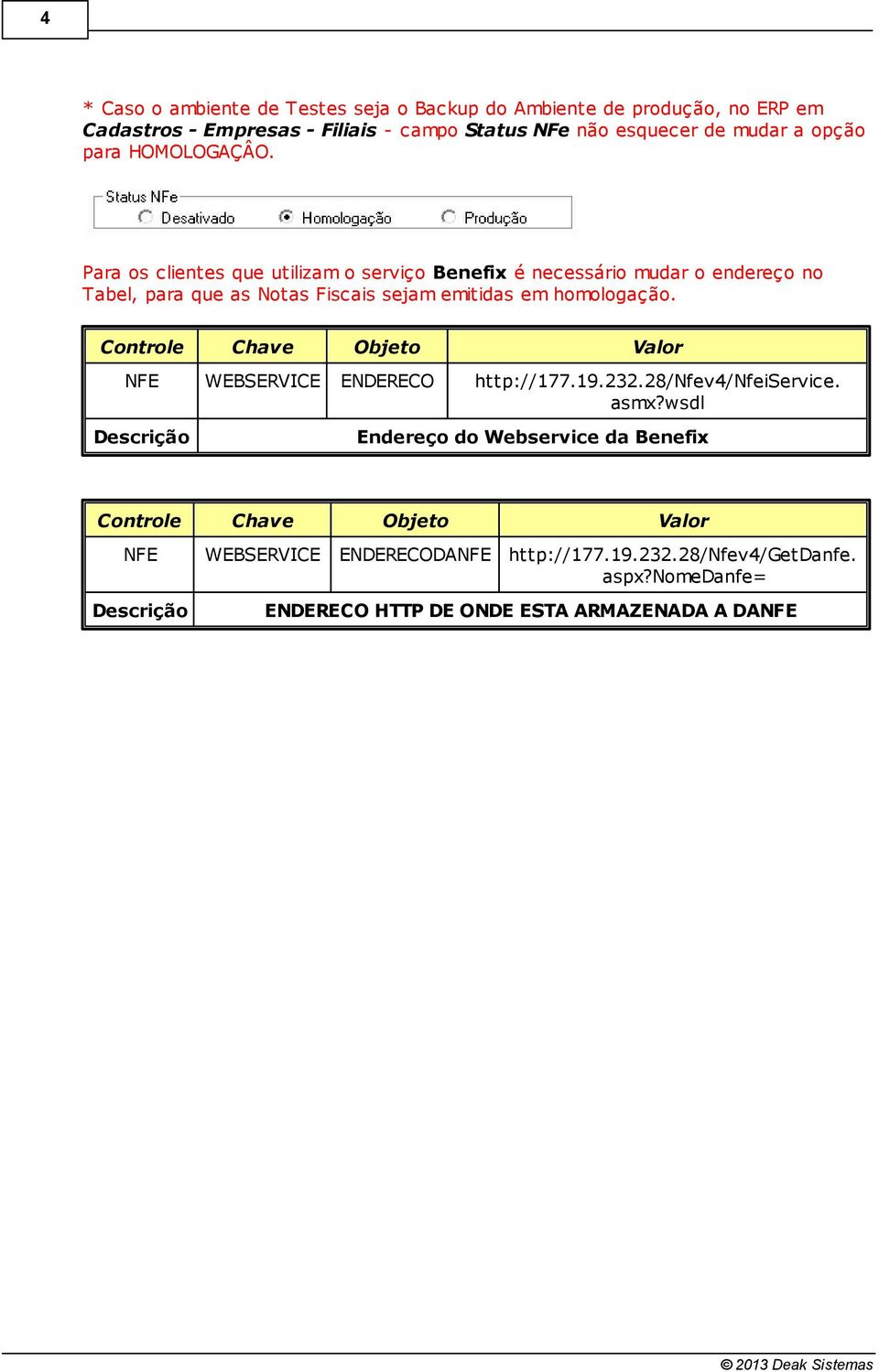 Para os clientes que utilizam o serviço Benefix é necessário mudar o endereço no Tabel, para que as Notas Fiscais sejam emitidas em homologação.