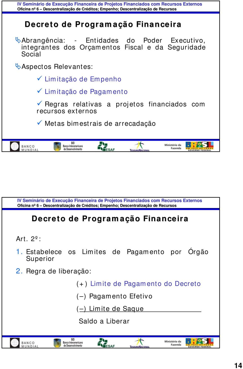 externos Metas bimestrais de arrecadação Decreto de Programação Financeira Art. 2º: 1.