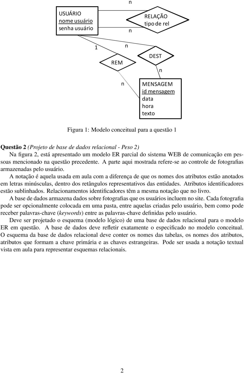 A otação é aquela usada em aula com a difereça de que os omes dos atributos estão aotados em letras miúsculas, detro dos retâgulos represetativos das etidades.