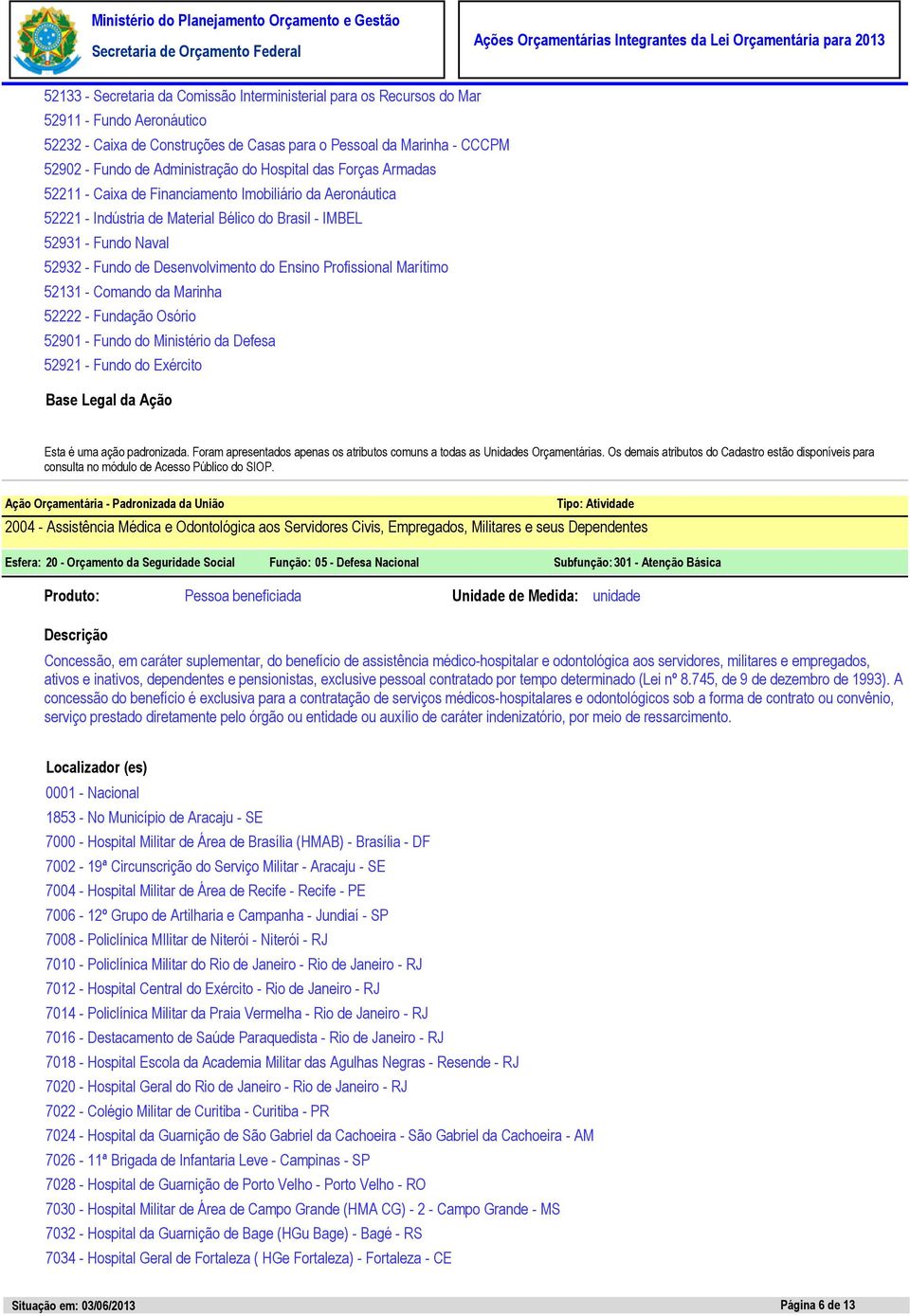 Ministério da Defesa 52921 - Fundo do Exército - Padronizada da União 2004 - Assistência Médica e Odontológica aos Servidores Civis, Empregados, Militares e seus Dependentes Esfera: 20 - Orçamento da