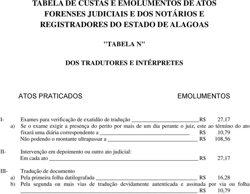 montante ultrapassar a R$ 108,56 Intervenção em depoimento ou outro ato judicial: Em cada ato R$ 27,17 I Tradução de documento a)