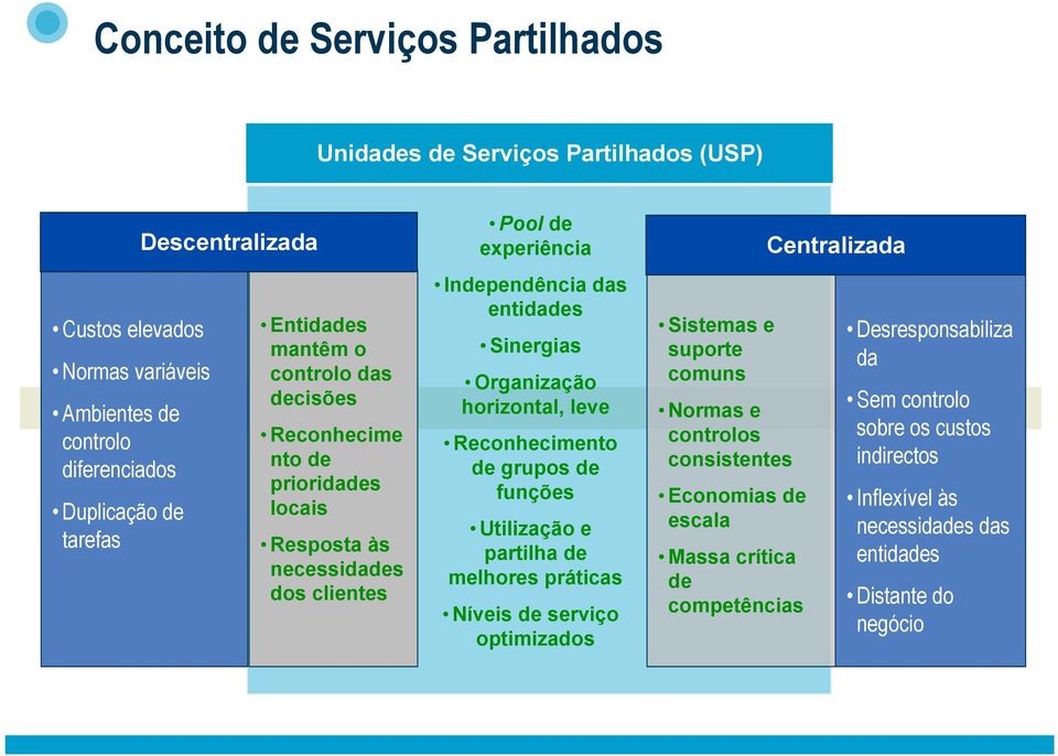 Organização horizontal, leve Reconhecimento de grupos de funções Utilização e partilha de melhores práticas Níveis de serviço optimizados Sistemas e suporte comuns Normas e controlos