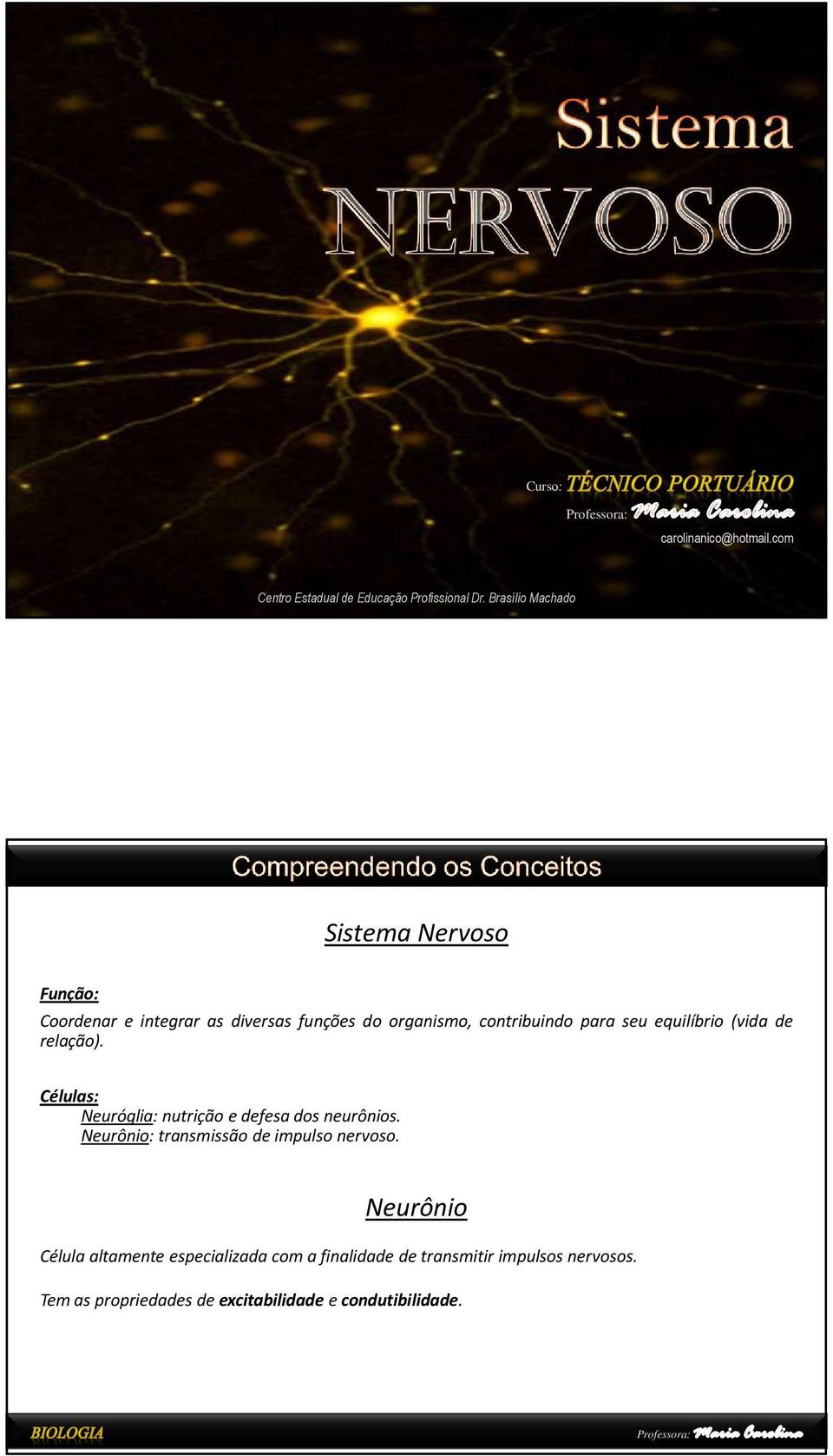 seu equilíbrio (vida de relação). Células: Neuróglia: nutrição e defesa dos neurônios.