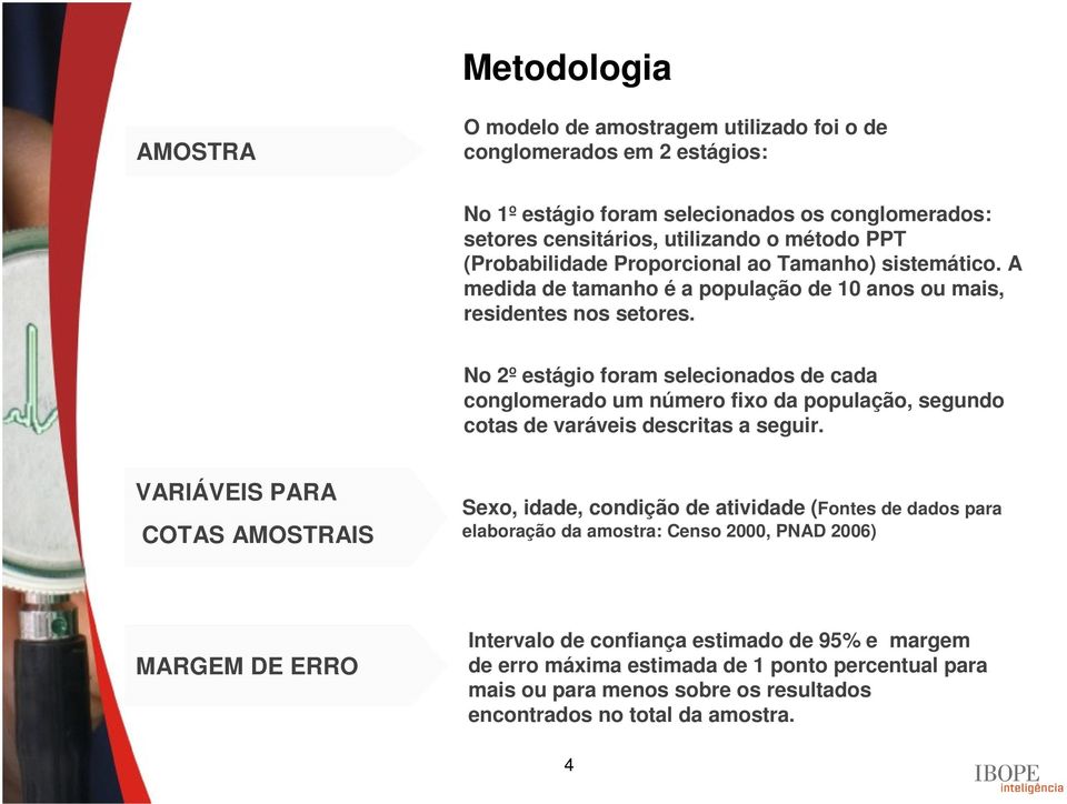 No 2º estágio foram selecionados de cada conglomerado um número fixo da população, segundo cotas de varáveis descritas a seguir.