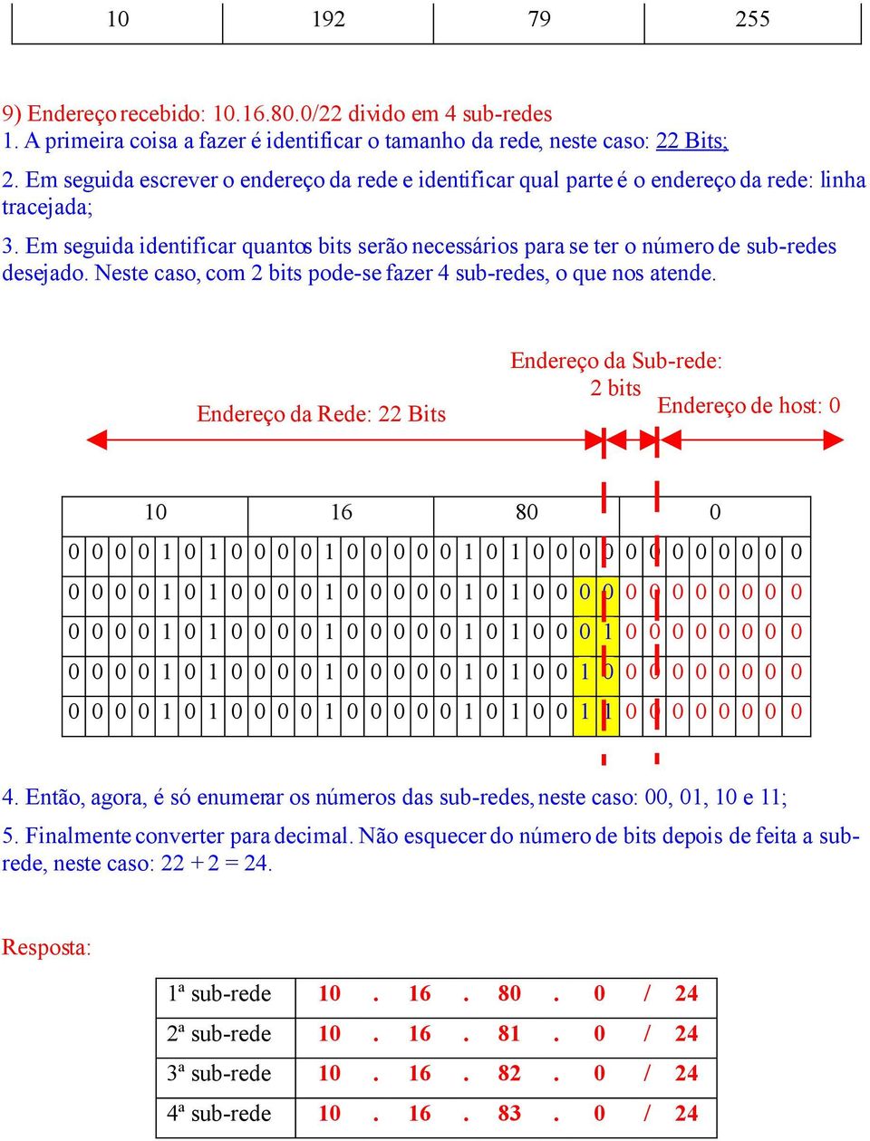 Em seguida identificar quantos bits serão necessários para se ter o número de sub-redes desejado. Neste caso, com 2 bits pode-se fazer 4 sub-redes, o que nos atende.